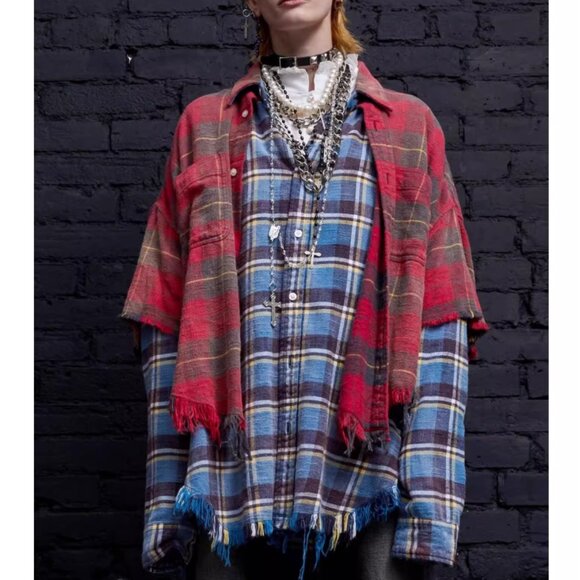 NWT R13 Layer Dbl Shirt Buttondown - Red W/blue Plaid Red & Blue - Picture 1 of 11